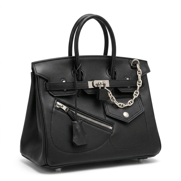 Women's full-grain leather handbag with padlock clasp and chain