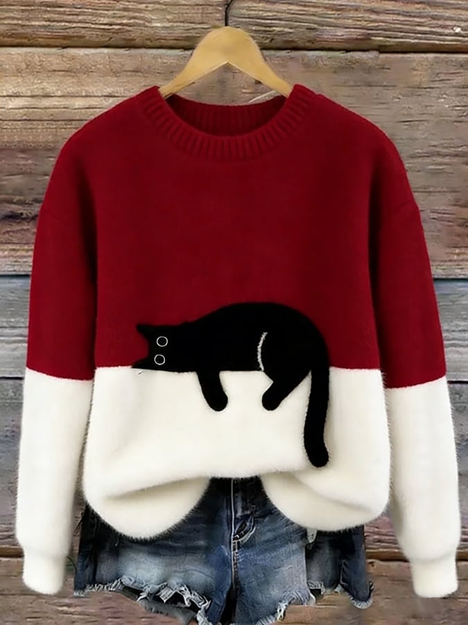 Women's knit sweatshirt - Two-tone with black cat motif
