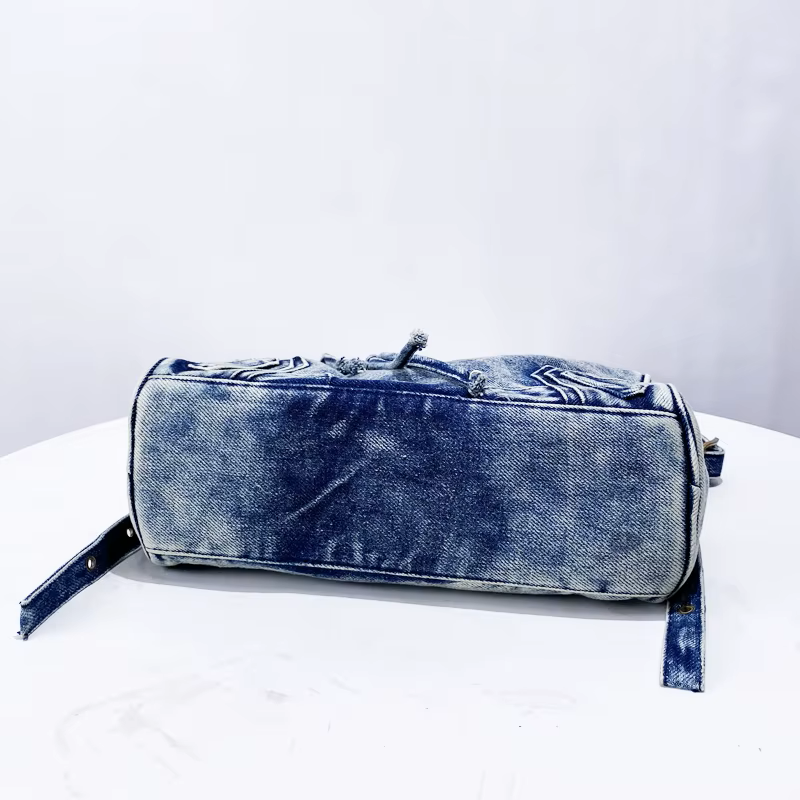 Women's Washed Denim Handbag with Zippered Pockets and Handles