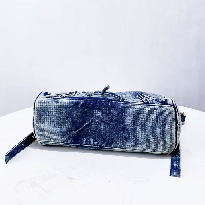 Women's Washed Denim Handbag with Zippered Pockets and Handles