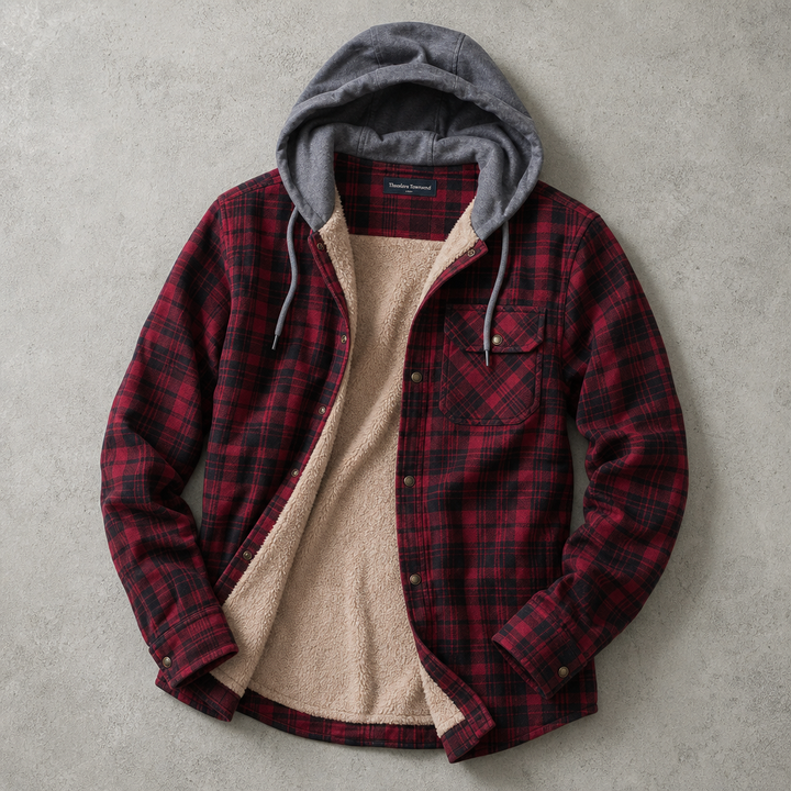 Men's plaid-pattern hooded overshirt lined with faux fur