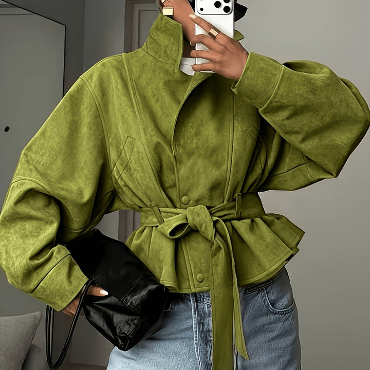 Veste Femme Col Montant Ceinturée En Daim Avec Manches Longues