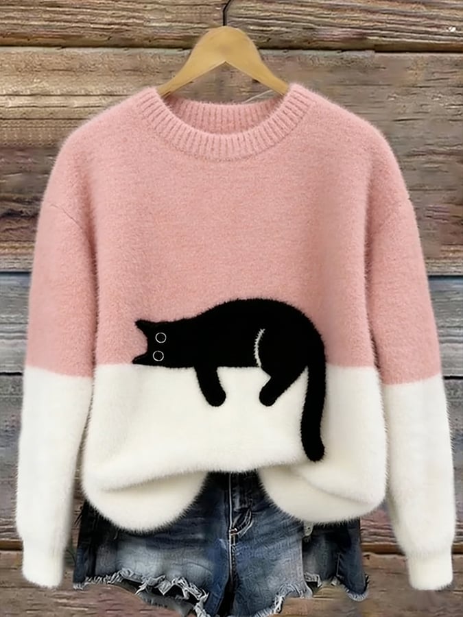 Women's knit sweatshirt - Two-tone with black cat motif