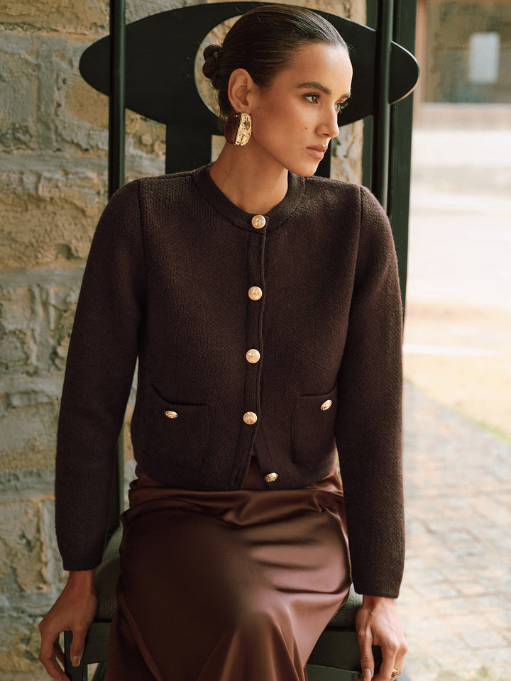 Cardigan Femme Court Ajusté Avec Boutons Dorés Et Poches