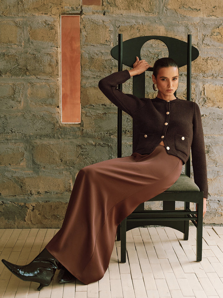 Cardigan Femme Court Ajusté Avec Boutons Dorés Et Poches