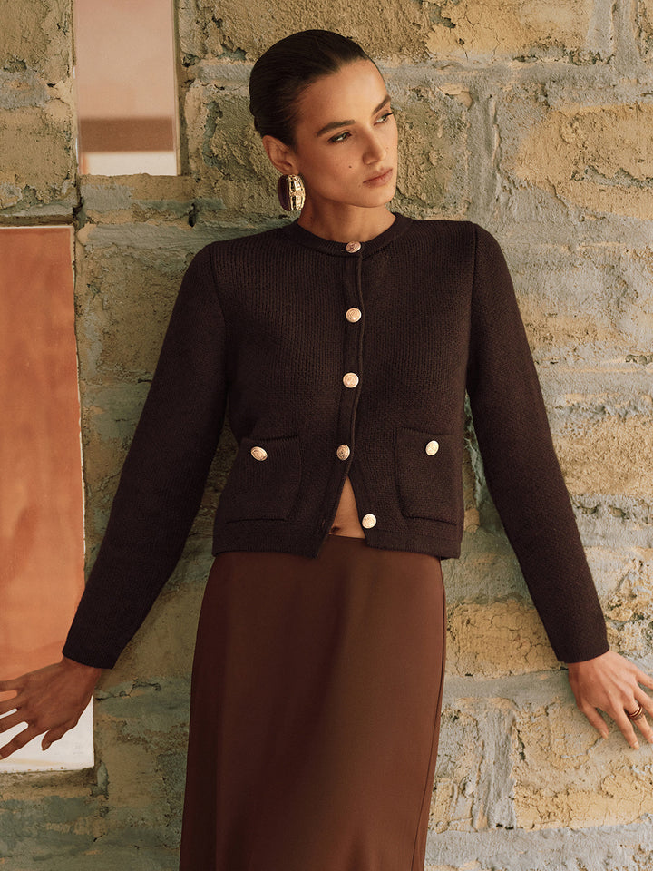 Cardigan Femme Court Ajusté Avec Boutons Dorés Et Poches