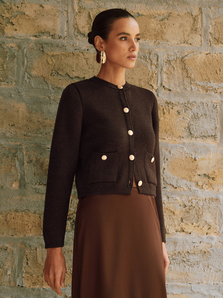 Cardigan Femme Court Ajusté Avec Boutons Dorés Et Poches