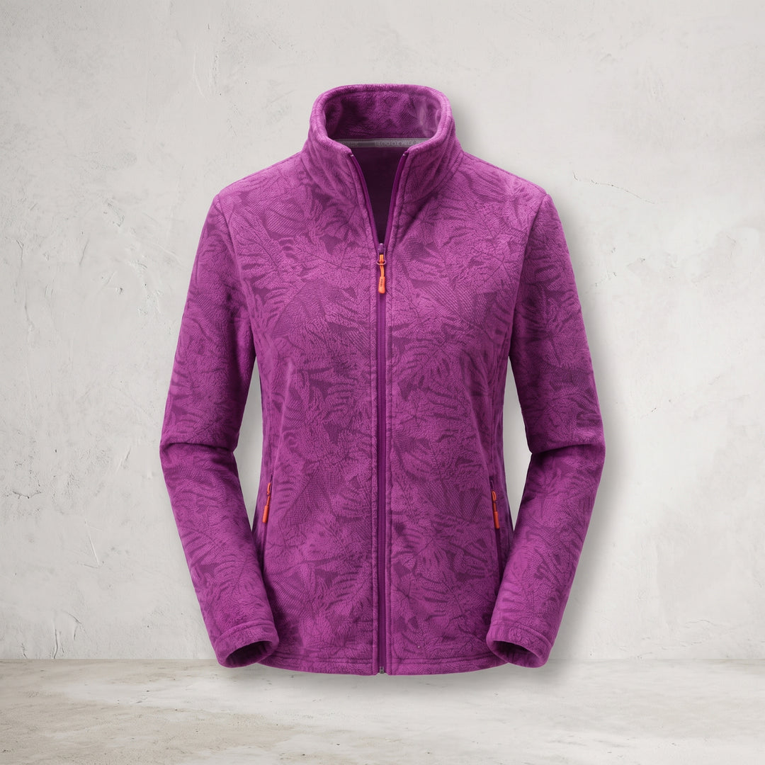 Women's Zip-Up Fleece Jacket with Stand-Up Collar and Foliage Pattern