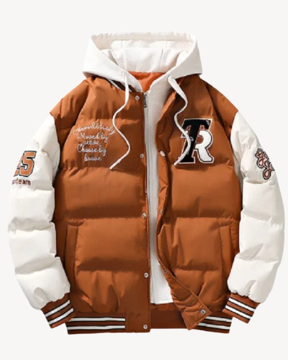 Piumino da uomo trapuntato con cappuccio in stile varsity