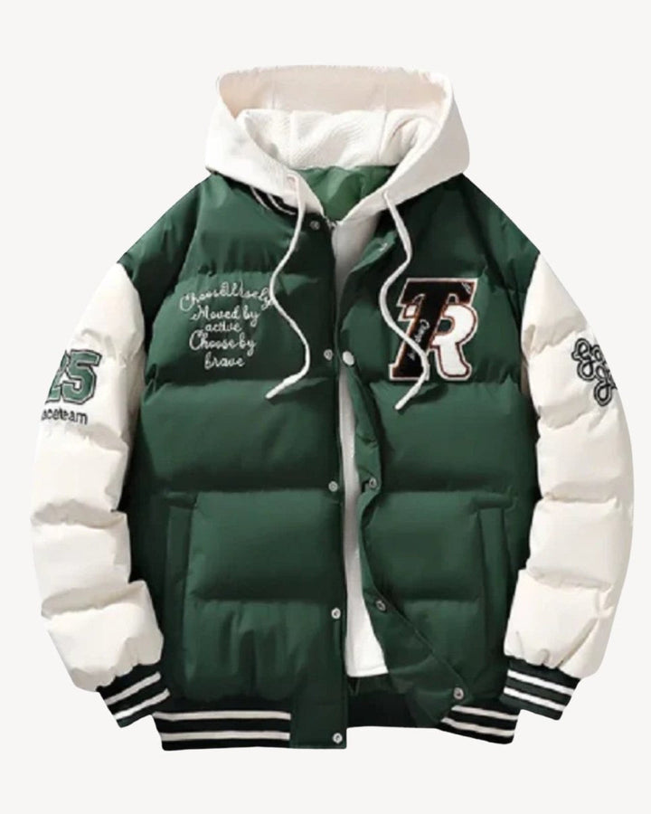Piumino da uomo trapuntato con cappuccio in stile varsity