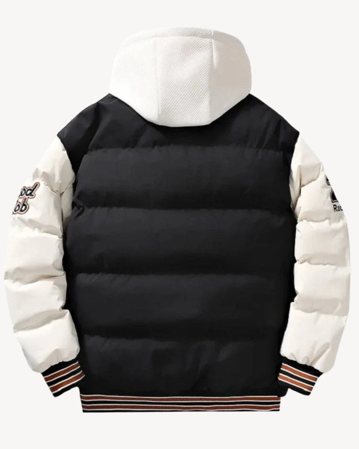 Piumino da uomo trapuntato con cappuccio in stile varsity