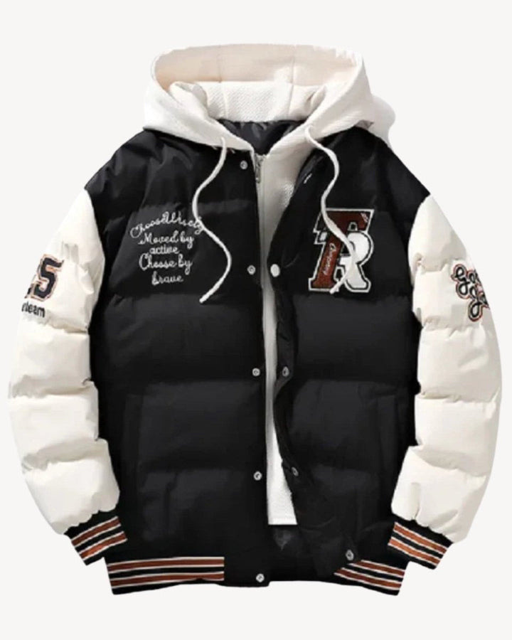 Piumino da uomo trapuntato con cappuccio in stile varsity