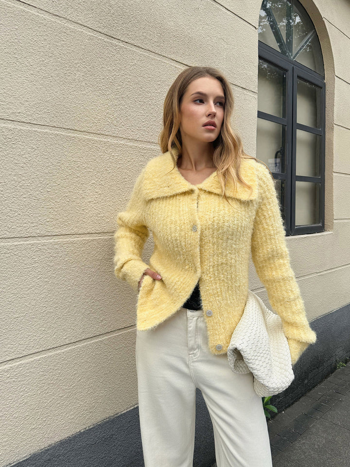 Gebreid vest voor dames van dik materiaal met grote kraag en knopen