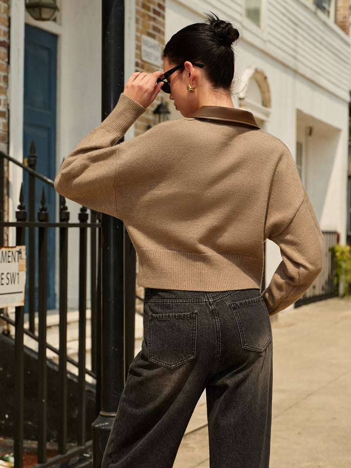 Cardigan corto da donna con zip e colletto oversize a contrasto