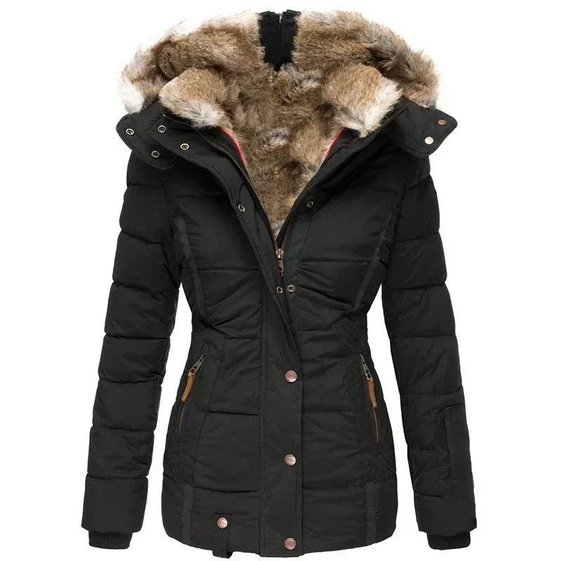 Women's Insulated Hooded Coat with Faux Fur Collar and Button Closure