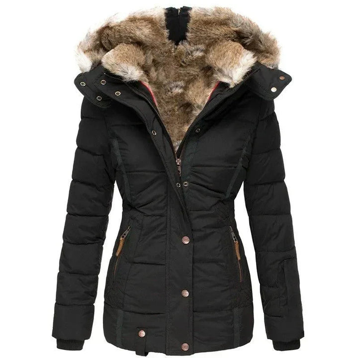 Women's Insulated Hooded Coat with Faux Fur Collar and Button Closure