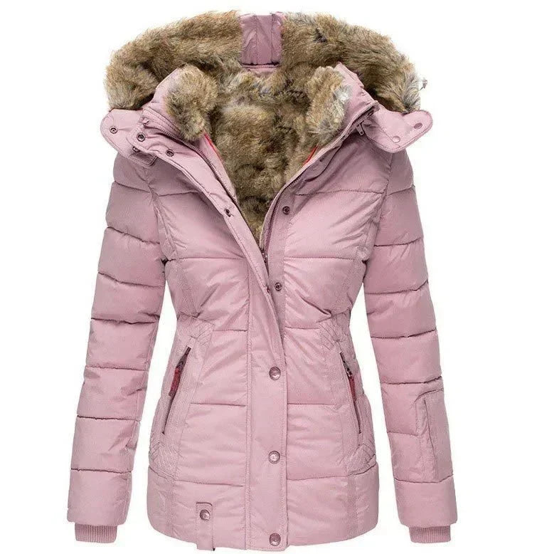 Women's Insulated Hooded Coat with Faux Fur Collar and Button Closure