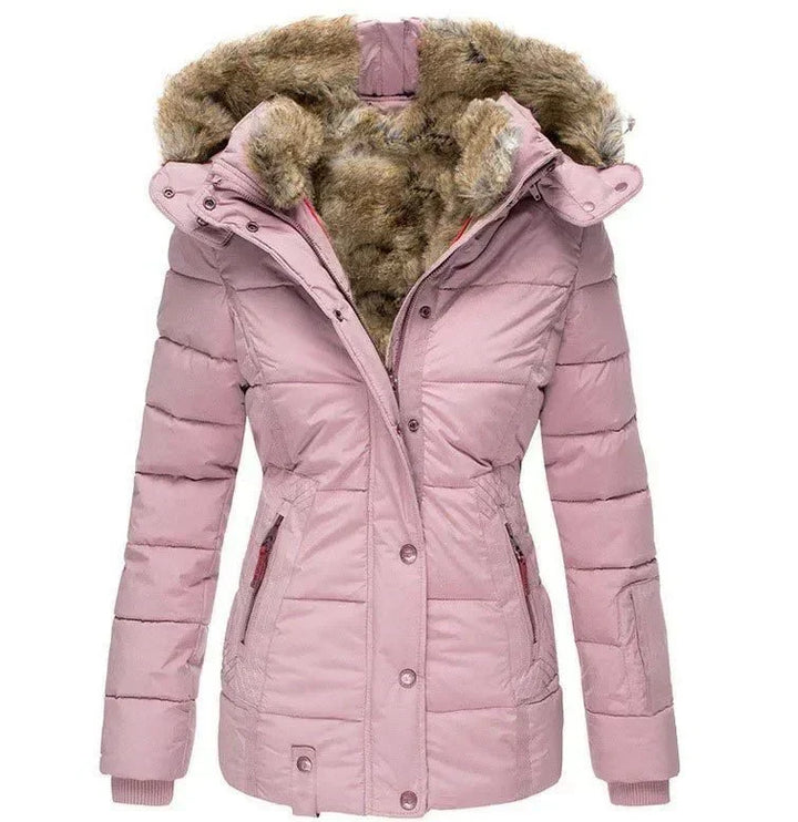 Women's Insulated Hooded Coat with Faux Fur Collar and Button Closure