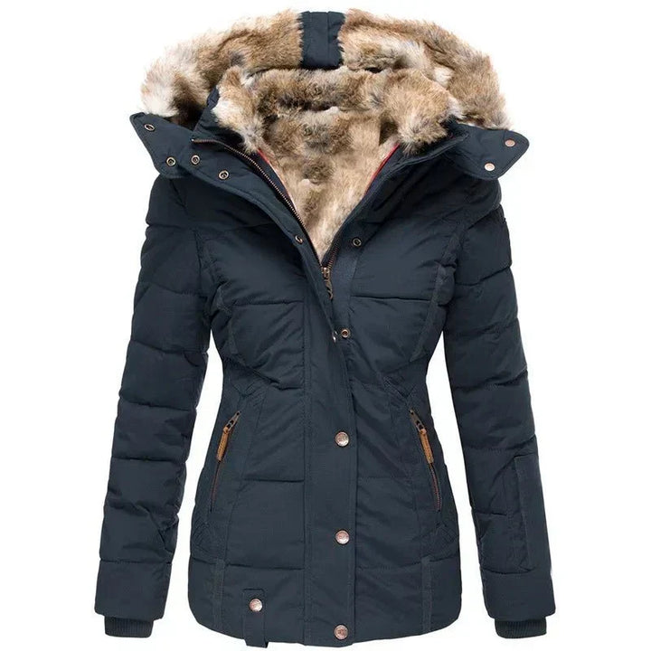 Women's Insulated Hooded Coat with Faux Fur Collar and Button Closure