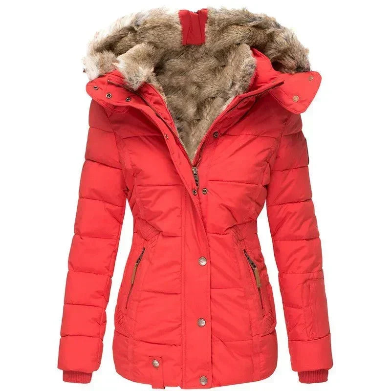 Women's Insulated Hooded Coat with Faux Fur Collar and Button Closure