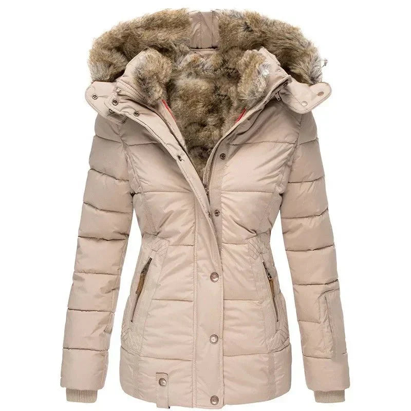 Women's Insulated Hooded Coat with Faux Fur Collar and Button Closure