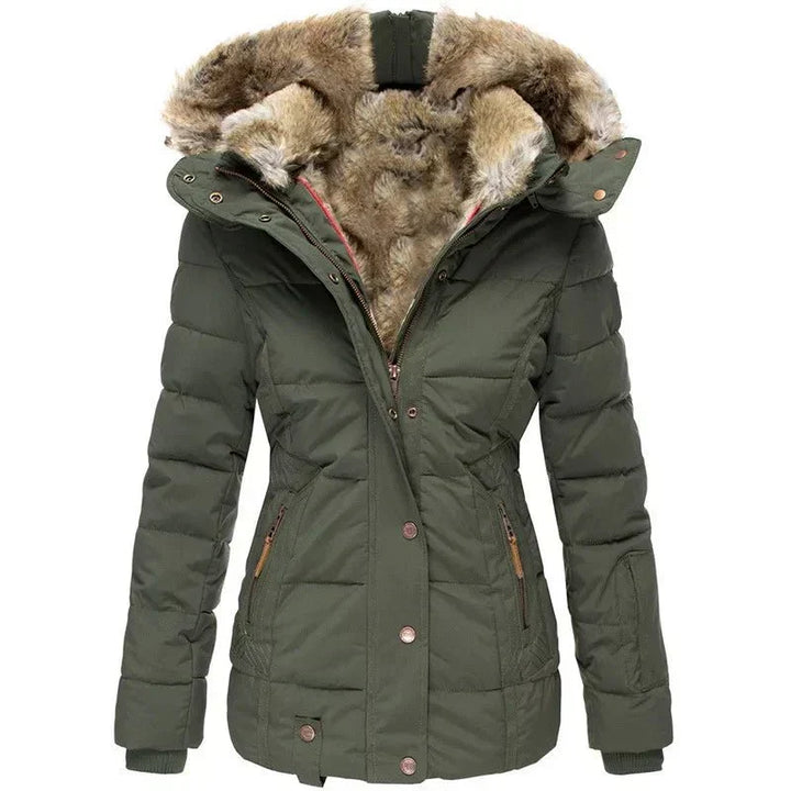 Women's Insulated Hooded Coat with Faux Fur Collar and Button Closure