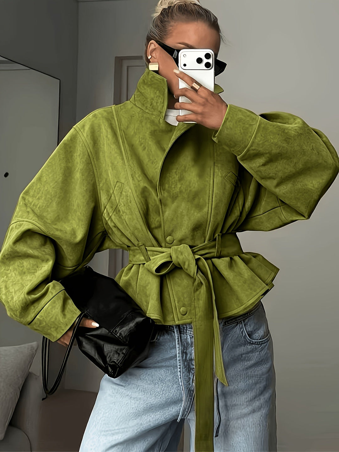 Veste Femme Col Montant Ceinturée En Daim Avec Manches Longues