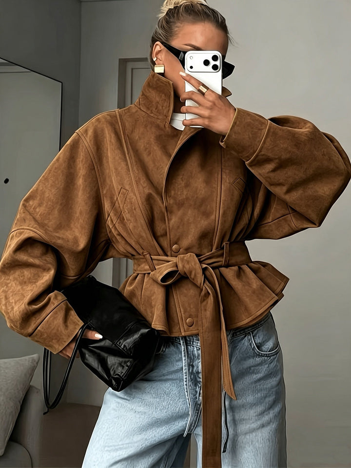 Veste Femme Col Montant Ceinturée En Daim Avec Manches Longues