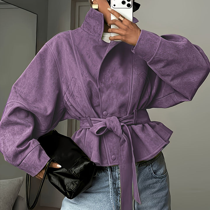 Veste Femme Col Montant Ceinturée En Daim Avec Manches Longues