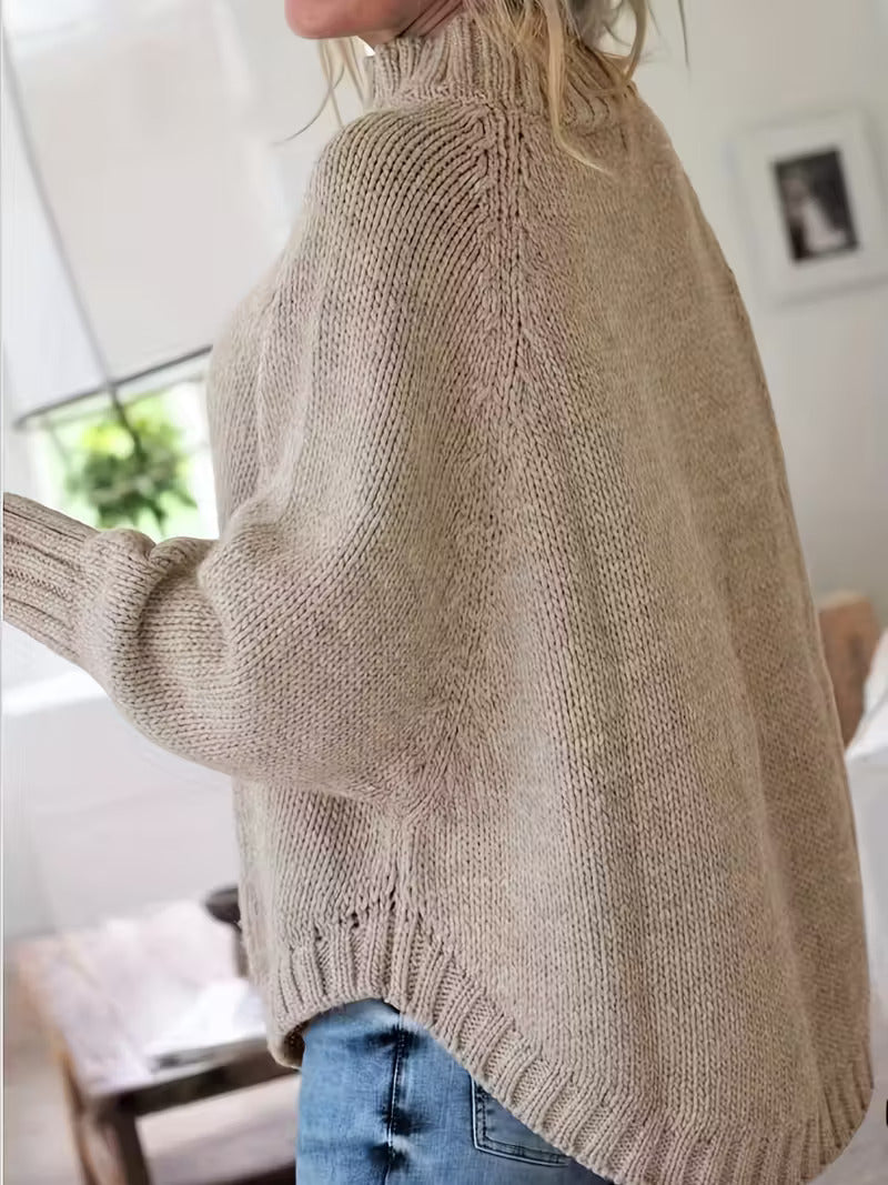 Damestrui van dikke gebreide stof - kabelsteek, hoge kraag, casual pasvorm
