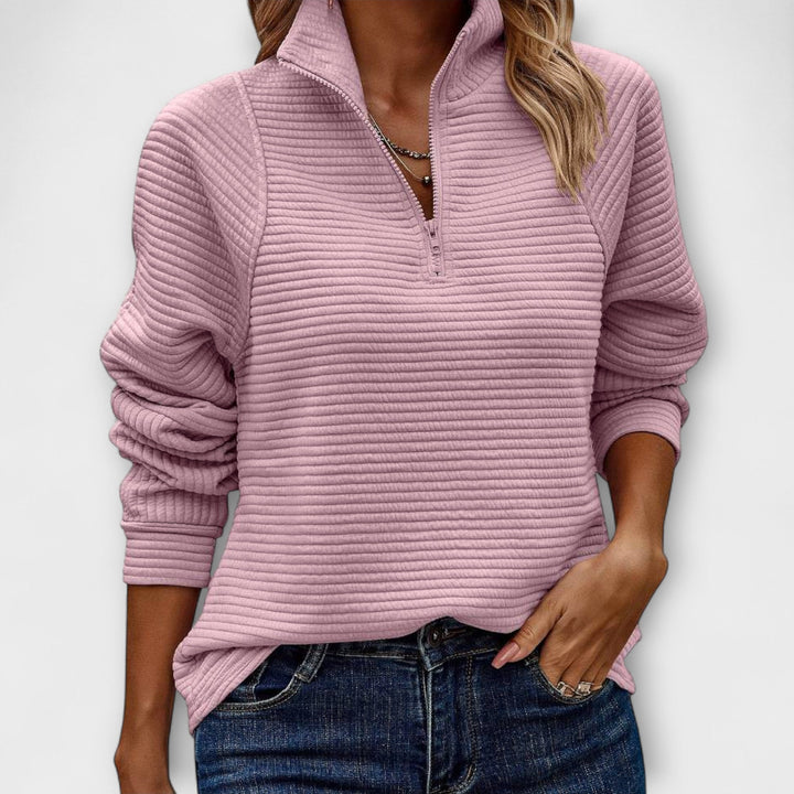 Pull Femme Rose Côtelé à Demi-Zip