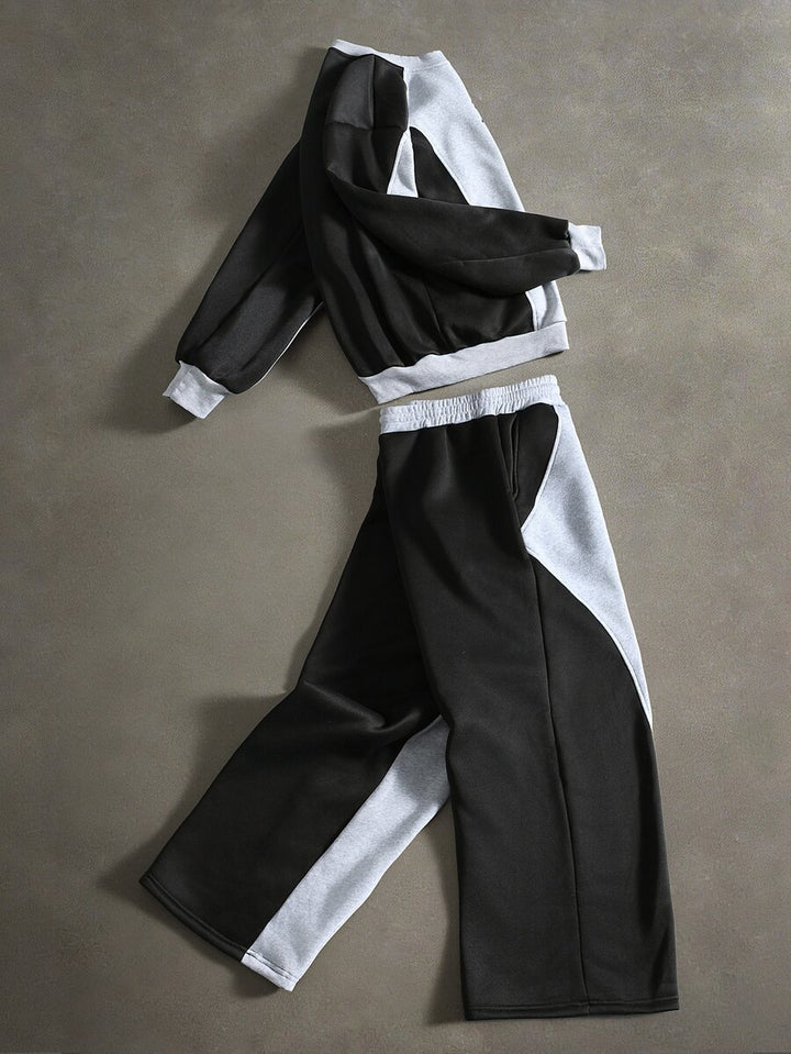 Men's two-tone tracksuit set with crew-neck top and wide-leg pants