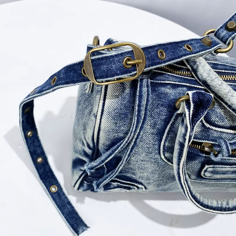 Women's Washed Denim Handbag with Zippered Pockets and Handles