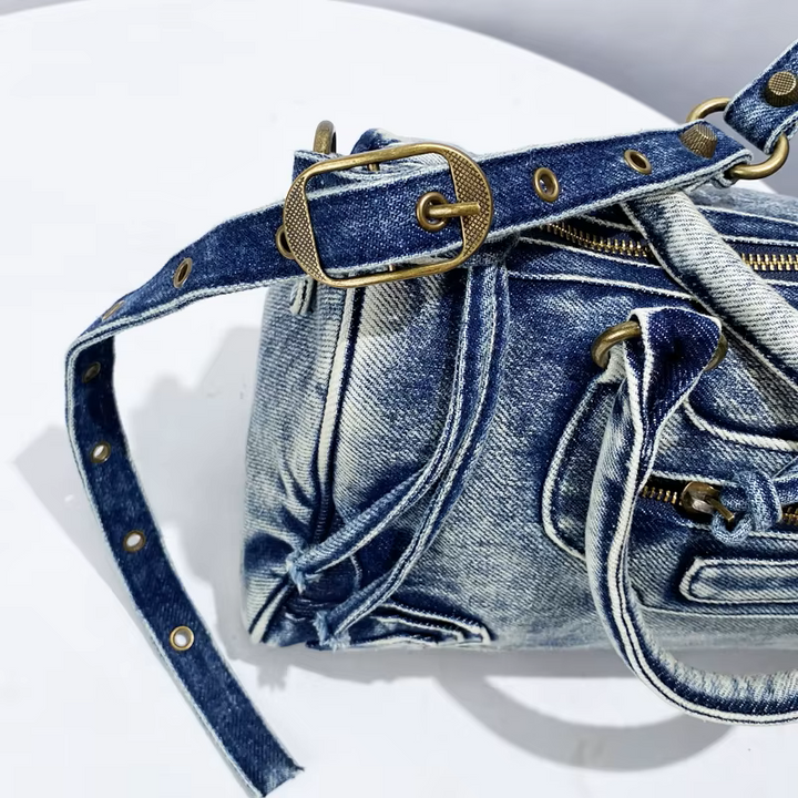 Women's Washed Denim Handbag with Zippered Pockets and Handles