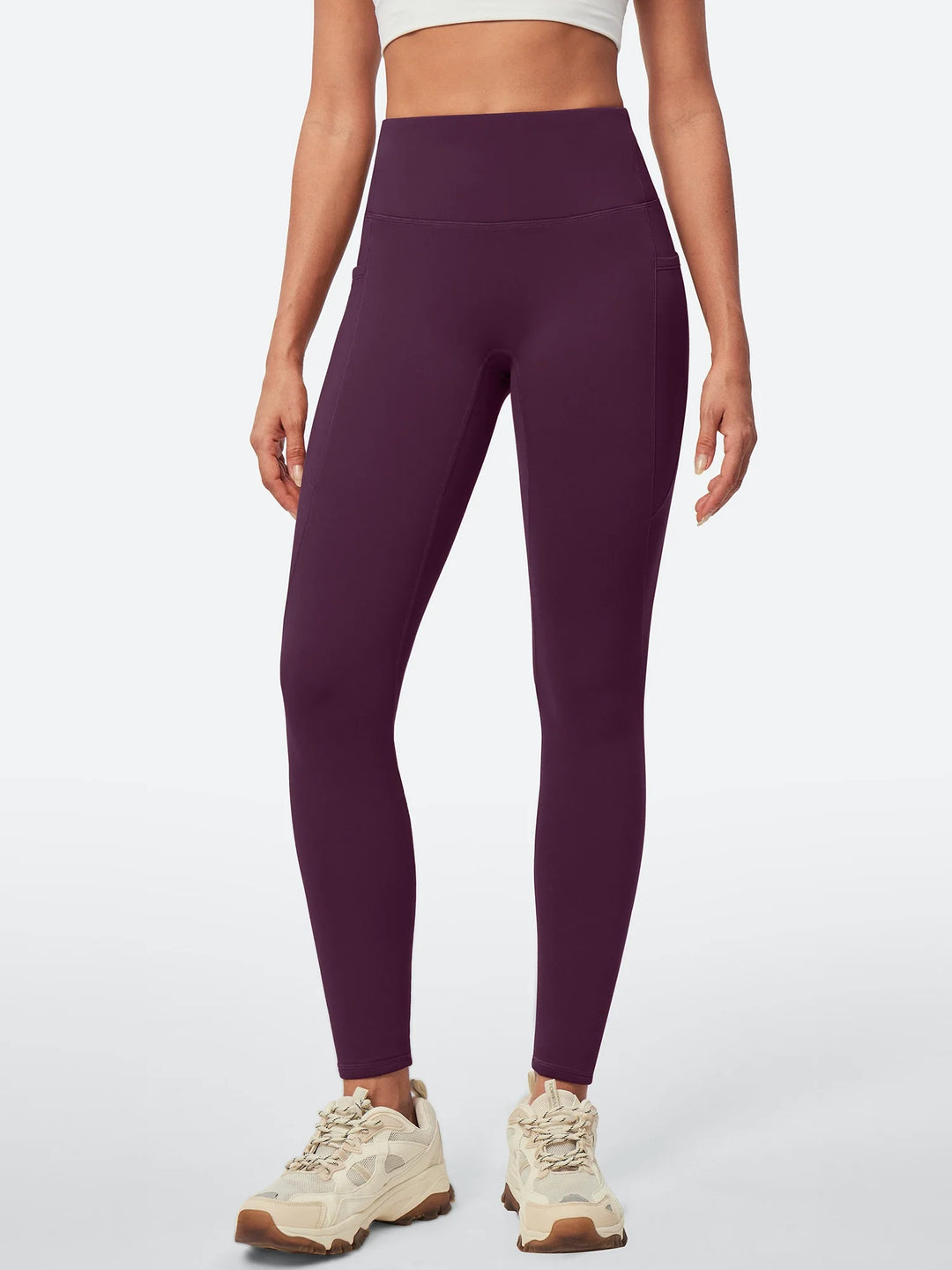 Leggings da donna a vita alta foderati in pile, senza cucitura anteriore e con tasche