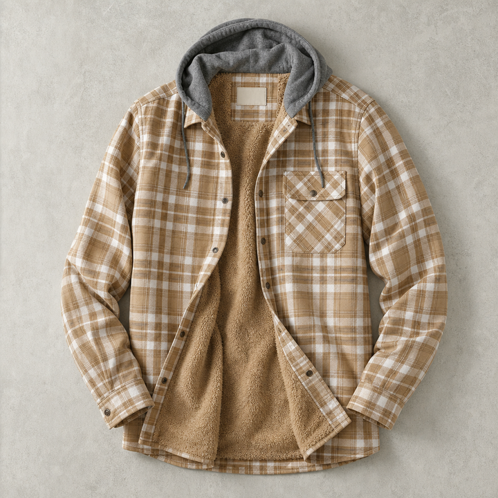 Men's plaid-pattern hooded overshirt lined with faux fur