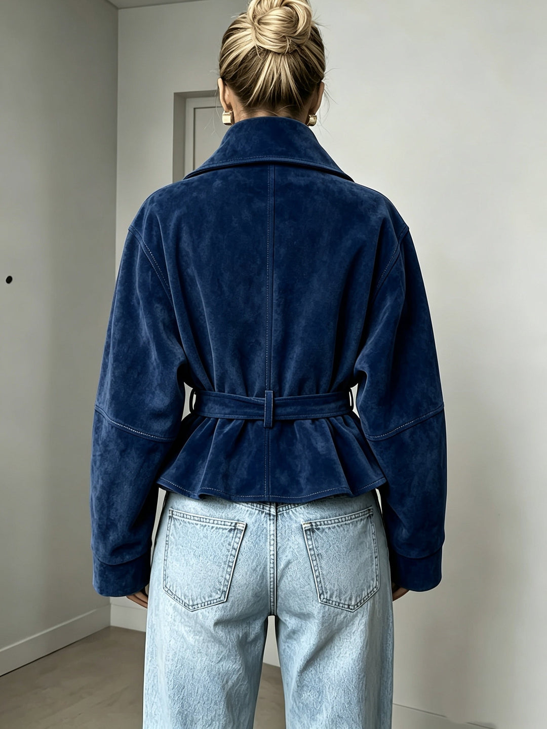 Veste Femme Col Montant Ceinturée En Daim Avec Manches Longues