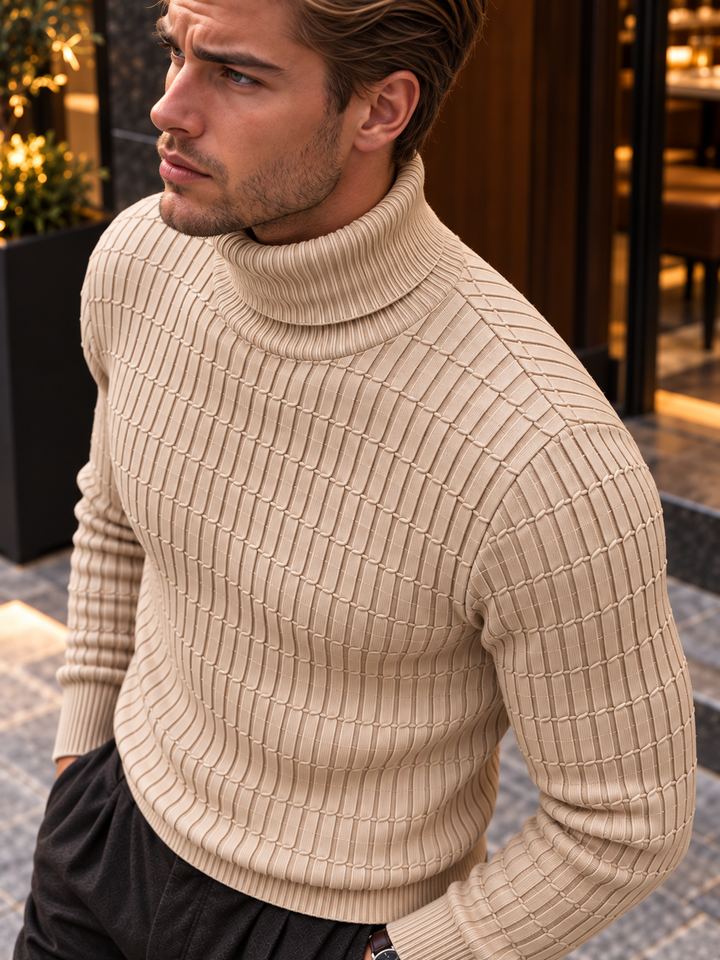 Pull Col Roulé Homme Côtes Verticales En Maille