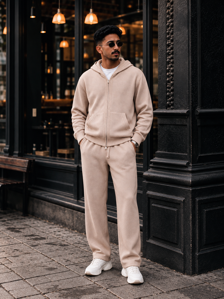 Ensemble Maille Homme Capuche Tricotée Zip Intégral Et Pantalon Droit