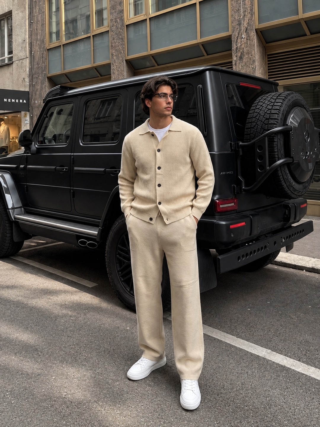 Ensemble Maille Homme Veste Boutonnée Col Côtelé Et Pantalon Droit