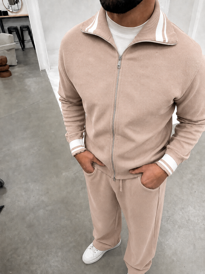 Ensemble En Maille Homme Zip Integral Col Contrasté Et Pantalon