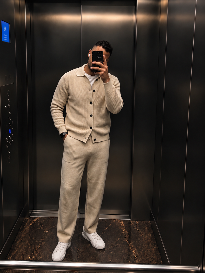 Ensemble Maille Homme Veste Boutonnée Col Côtelé Et Pantalon Droit
