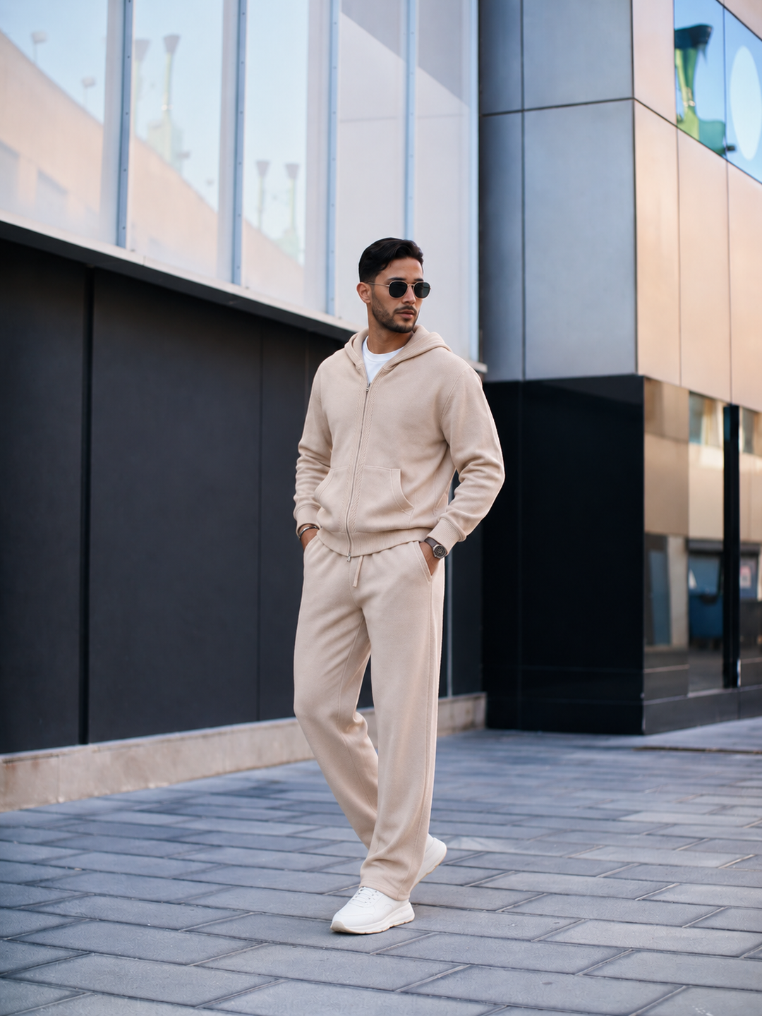 Ensemble Maille Homme Capuche Tricotée Zip Intégral Et Pantalon Droit