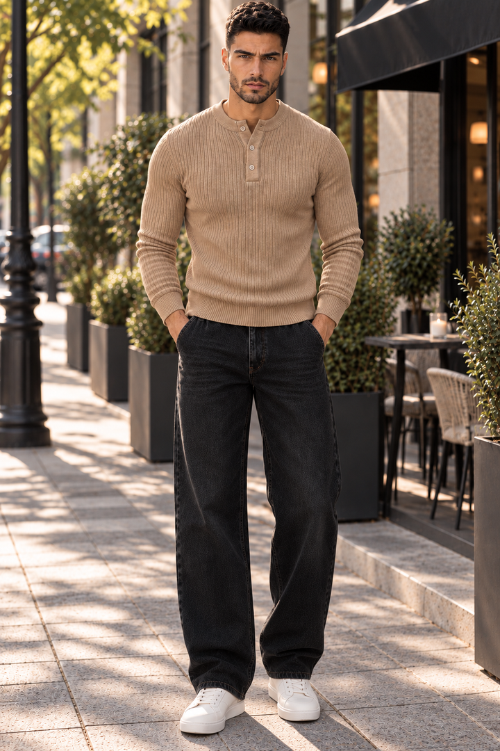 Maglione da uomo in maglia a coste con colletto abbottonato e maniche lunghe