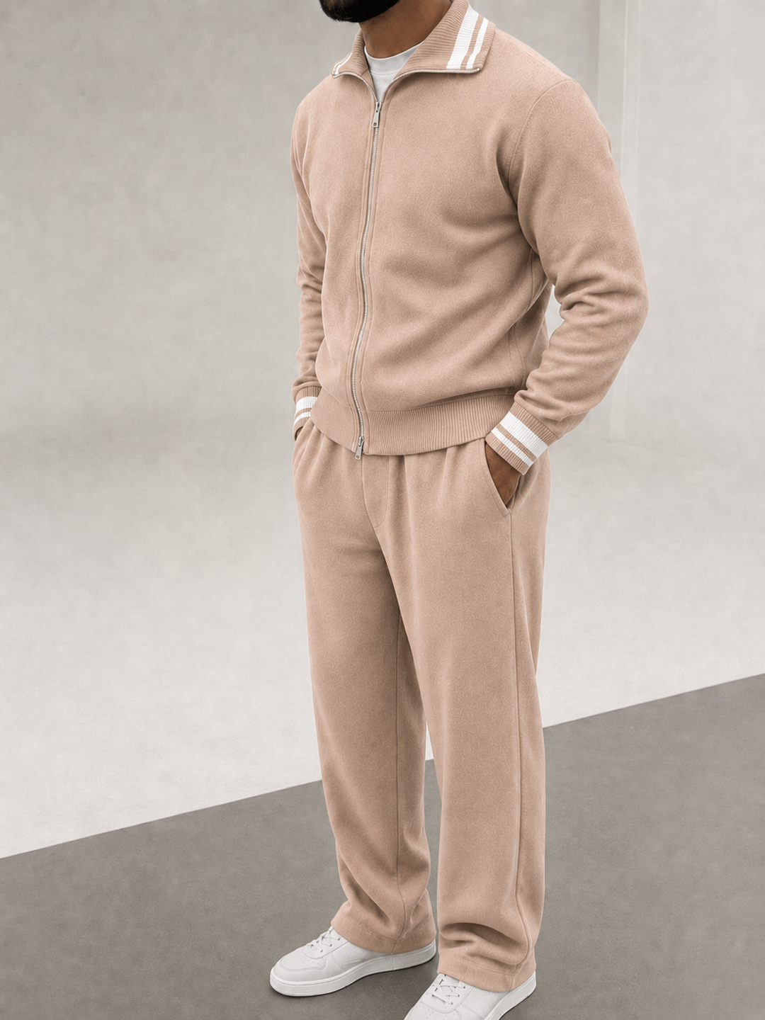 Ensemble En Maille Homme Zip Integral Col Contrasté Et Pantalon