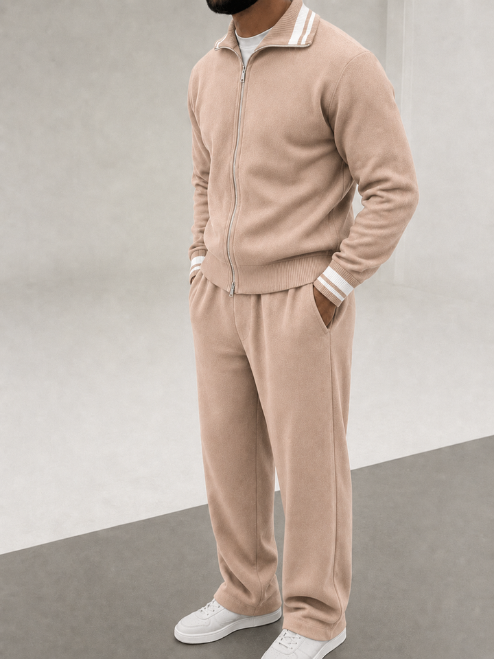 Ensemble En Maille Homme Zip Integral Col Contrasté Et Pantalon