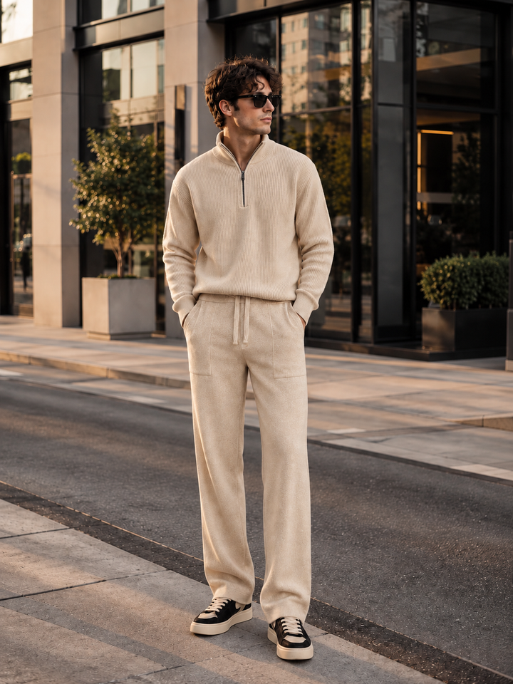 Ensemble En Maille Homme Demi Zip Col Montant Et Pantalon