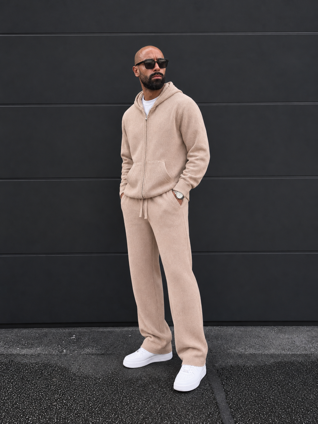 Ensemble Maille Homme Capuche Tricotée Zip Intégral Et Pantalon Droit