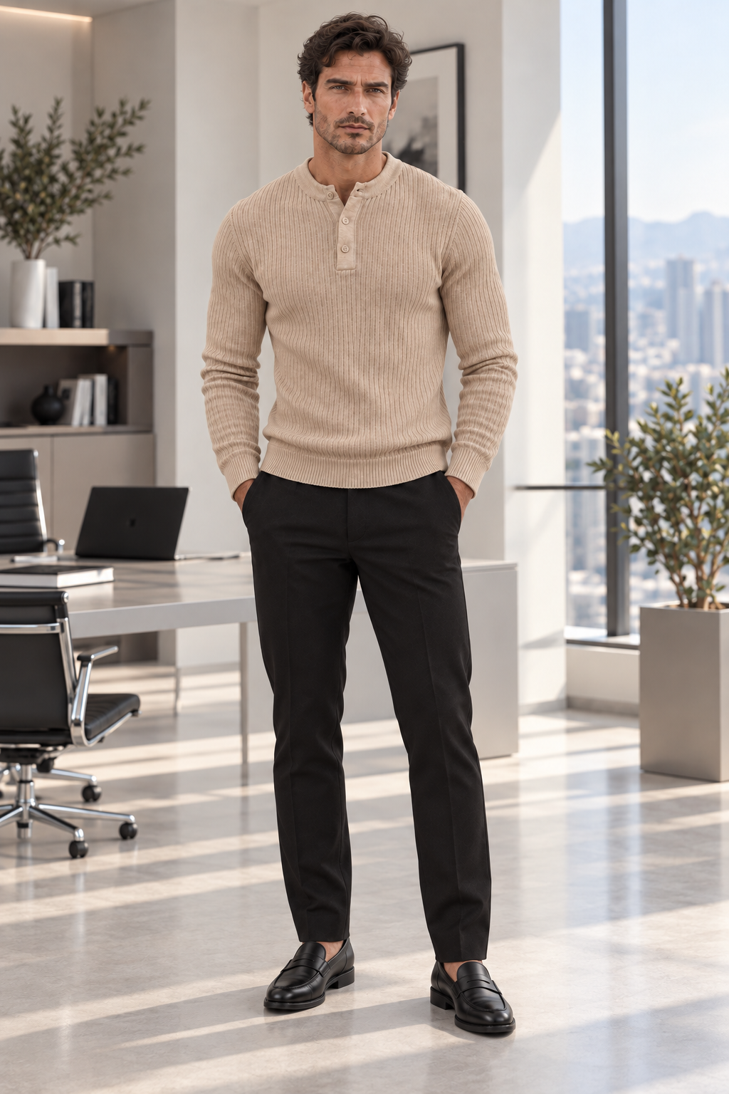 Maglione da uomo in maglia a coste con colletto abbottonato e maniche lunghe