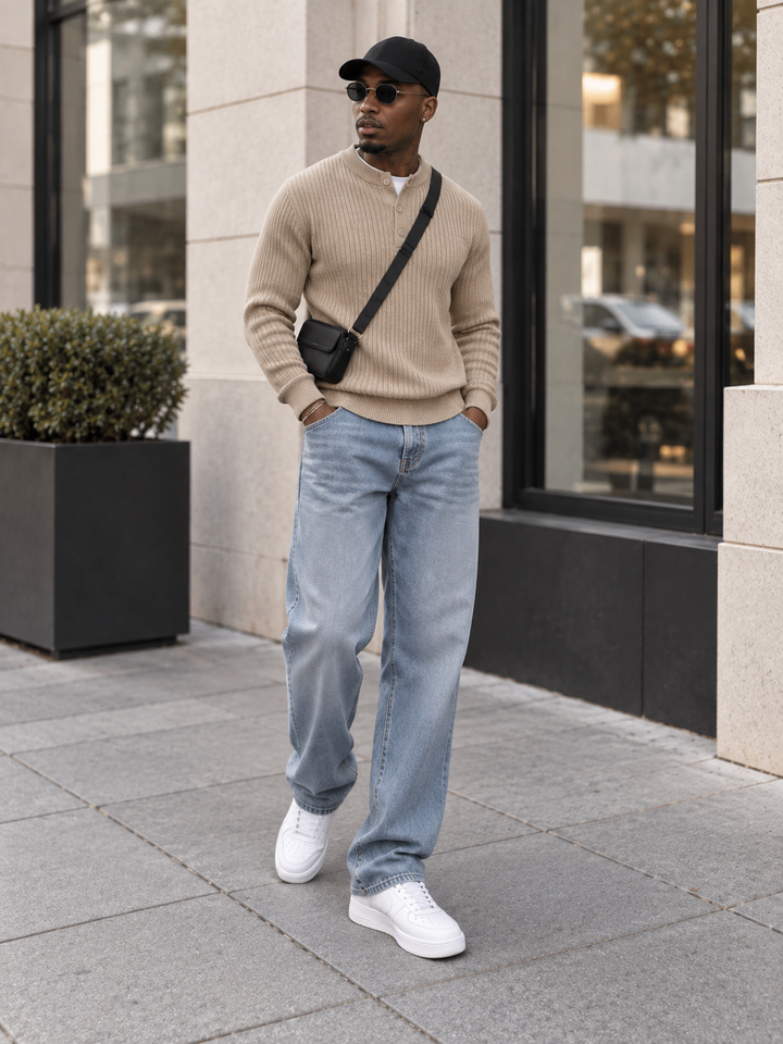 Maglione da uomo in maglia a coste con colletto abbottonato e maniche lunghe